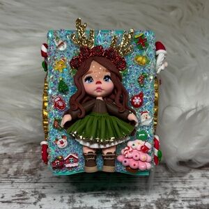 Festive Reindeer Doll with Green Dress Pen Holder